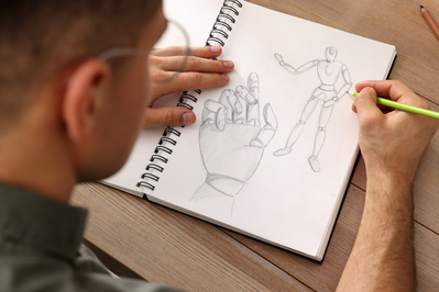 man drawing in sketch book